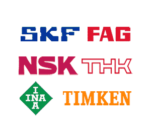 Logotipos de marcas líderes de rodamientos industriales y guías lineales: SKF, FAG, NSK, THK, INA y TIMKEN.
