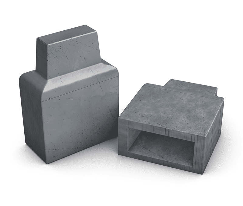 Dos bloques de tracción tipo MSB de DMT Ecotech en color gris, diseñados para incrementar la adhesión y proteger superficies metálicas en rieles y ruedas industriales.